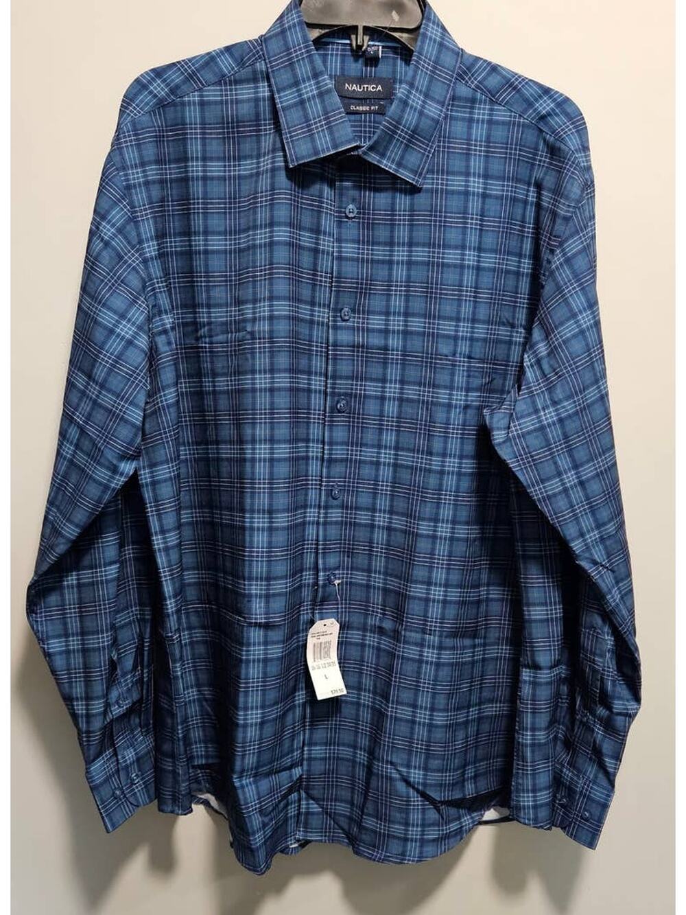 NWT Nautica Men's Button Down Blue Plaid LS Size L 16-16 1/2 Classic Fit Shirt